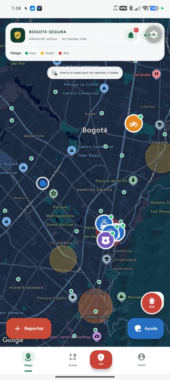 Captura del prototipo Bogotá Segura con mapa, zonas de riesgo, marcadores y botones Reportar, SOS y Ayuda.